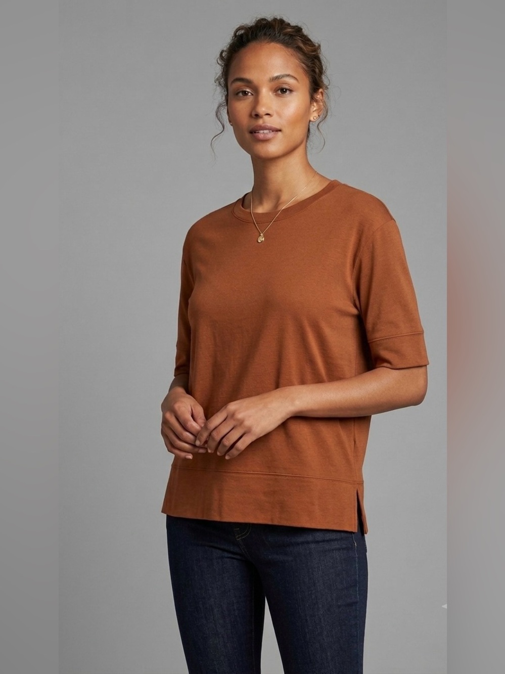 Vince Brown 1/2 Sleeve Crewneck Top Cotton Knit Sweatshirt T-Shirt - Size M